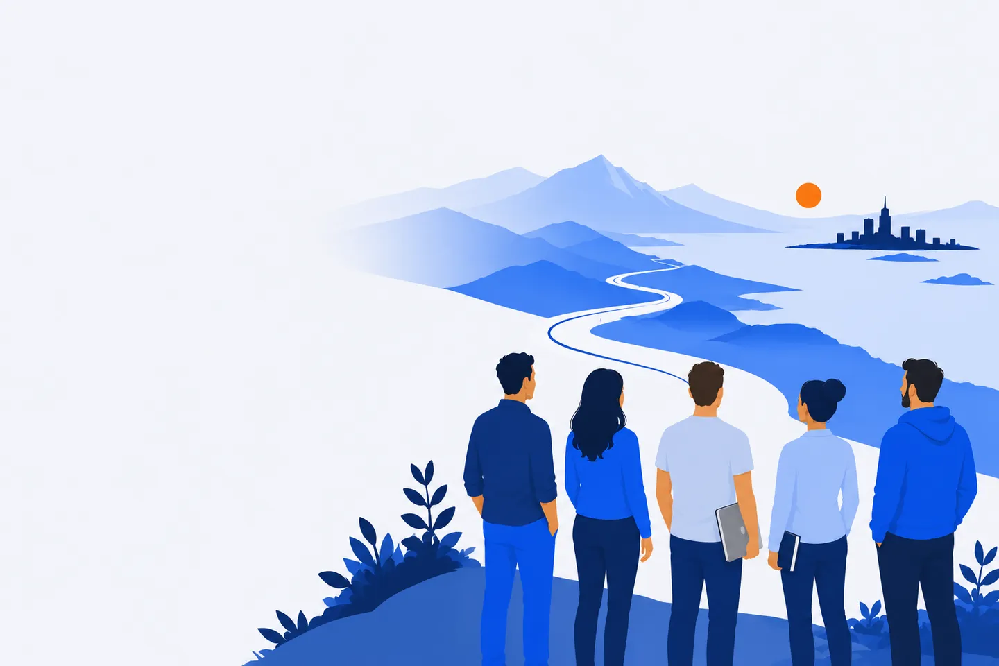 Five people standing on a ridge looking out over a winding road to mountains and a distant city