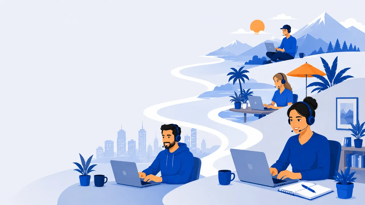 Remote sales team members working from a city, a beach and the mountains