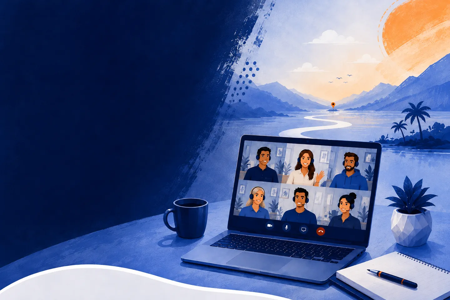 Six remote sellers on a video call, laptop on a desk in front of a lake, mountains and sunrise