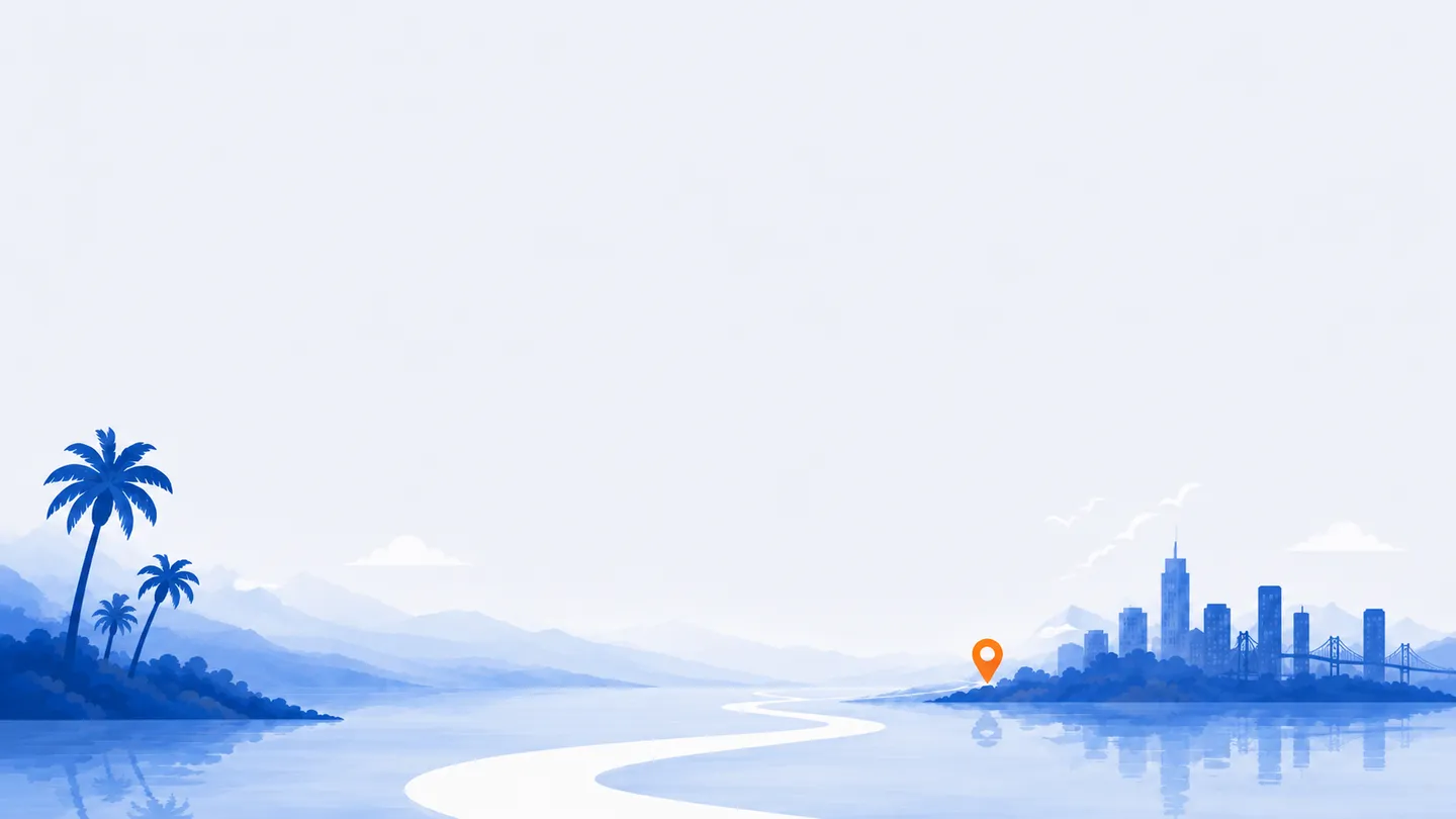 A winding path across water toward a distant city marked with a location pin