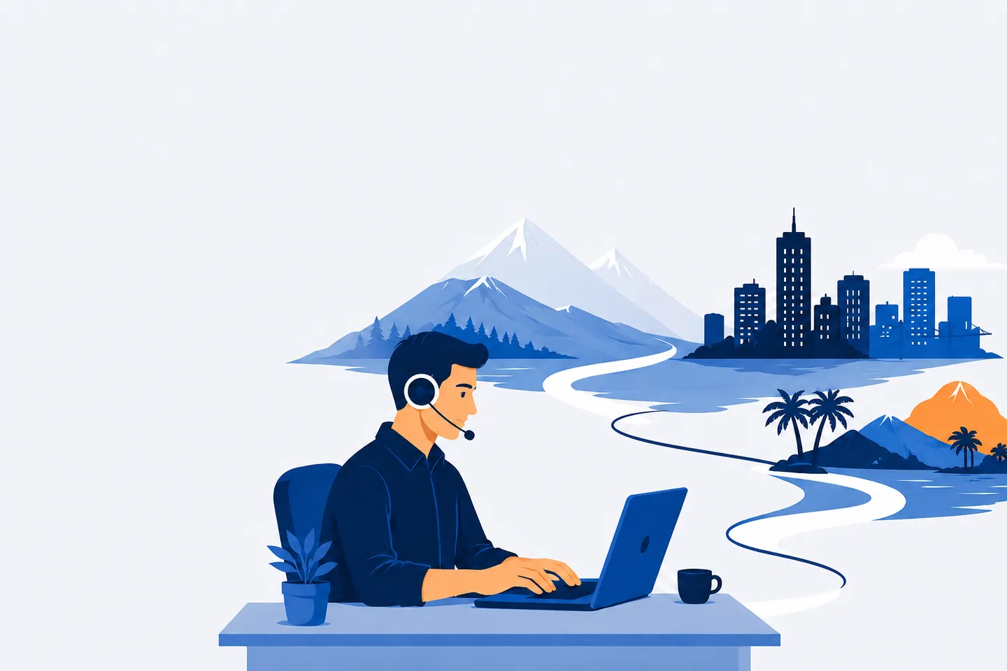 Remote salesperson at a laptop; a path leads from mountains to a city and coast