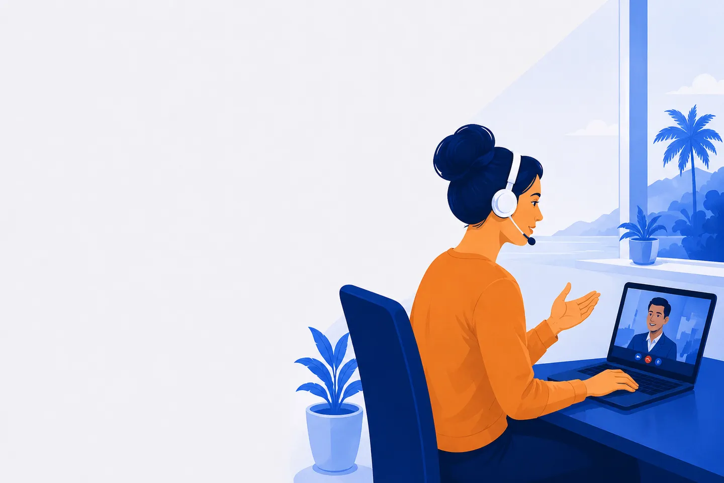 Remote closer on a video call beside a window with palms