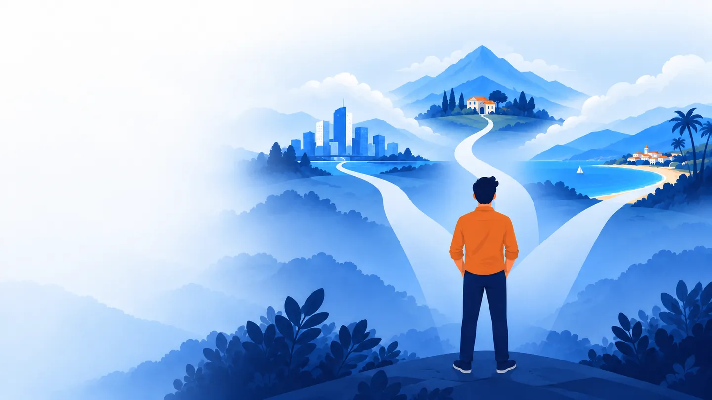 A person in an orange shirt stands on a hilltop where a path splits three ways: towards a city skyline, a villa in the mountains, and a beach with a sailing boat
