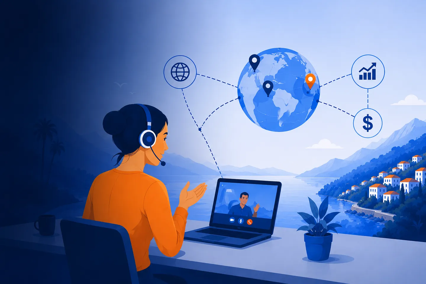 Remote closer on a video call with a coastal view